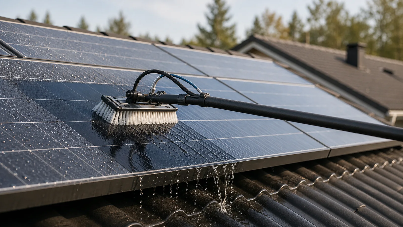 Solpaneler som rengörs med renvattensystem och borste